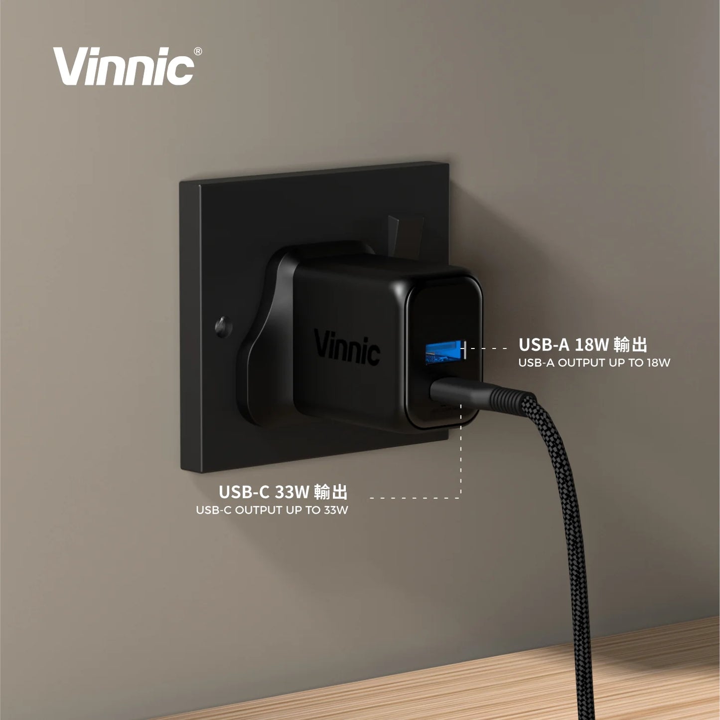 Vinnic 銀戰士電池 - FERNOW 33W PD QC 2 輸出 充電器充電插頭 火牛(VPCG-30WBK) - 原裝行貨