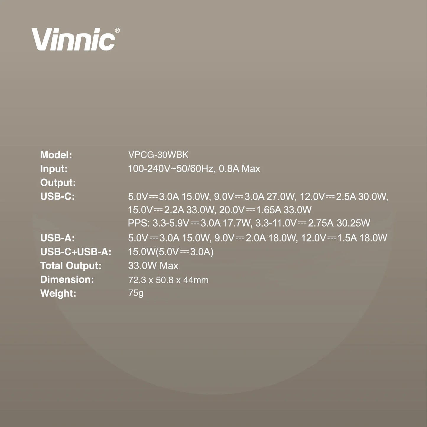 Vinnic 銀戰士電池 - FERNOW 33W PD QC 2 輸出 充電器充電插頭 火牛(VPCG-30WBK) - 原裝行貨
