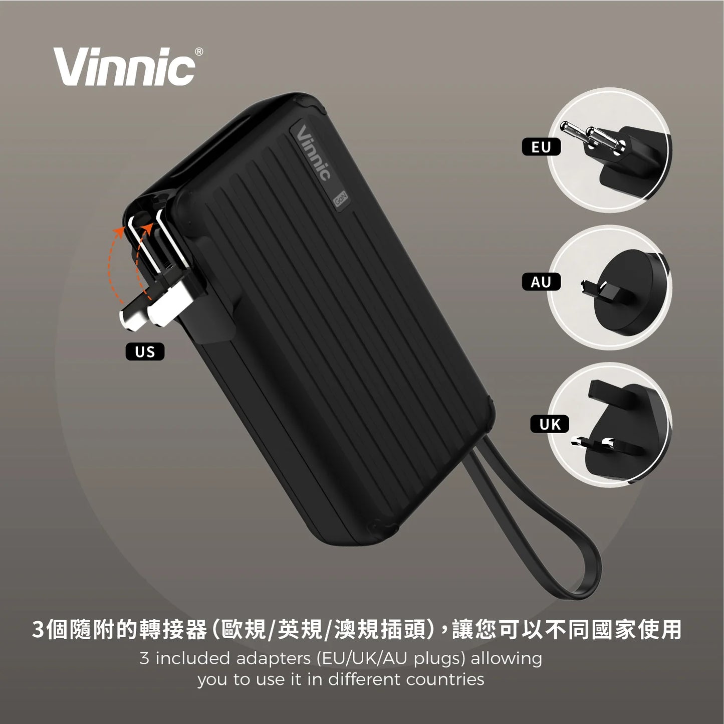 Vinnic 銀戰士電池 - PANGPOCHE 2 多功能 10,000mAh GAN PD 65W快速旅行充電器 + 行動電源 - 香港行貨