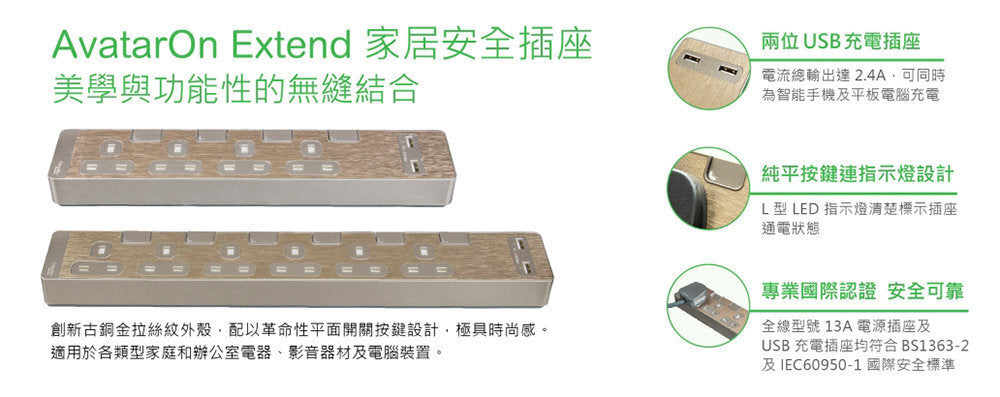 Schneider Electric 施耐德電氣 - 13A 四位/六位 獨立開關安全拖板連兩位USB充電插座及LED指示燈(古銅金)(連3米線)(TSH34U_3_GH_C5/TSH36U_3_GH_C5) - 香港行貨