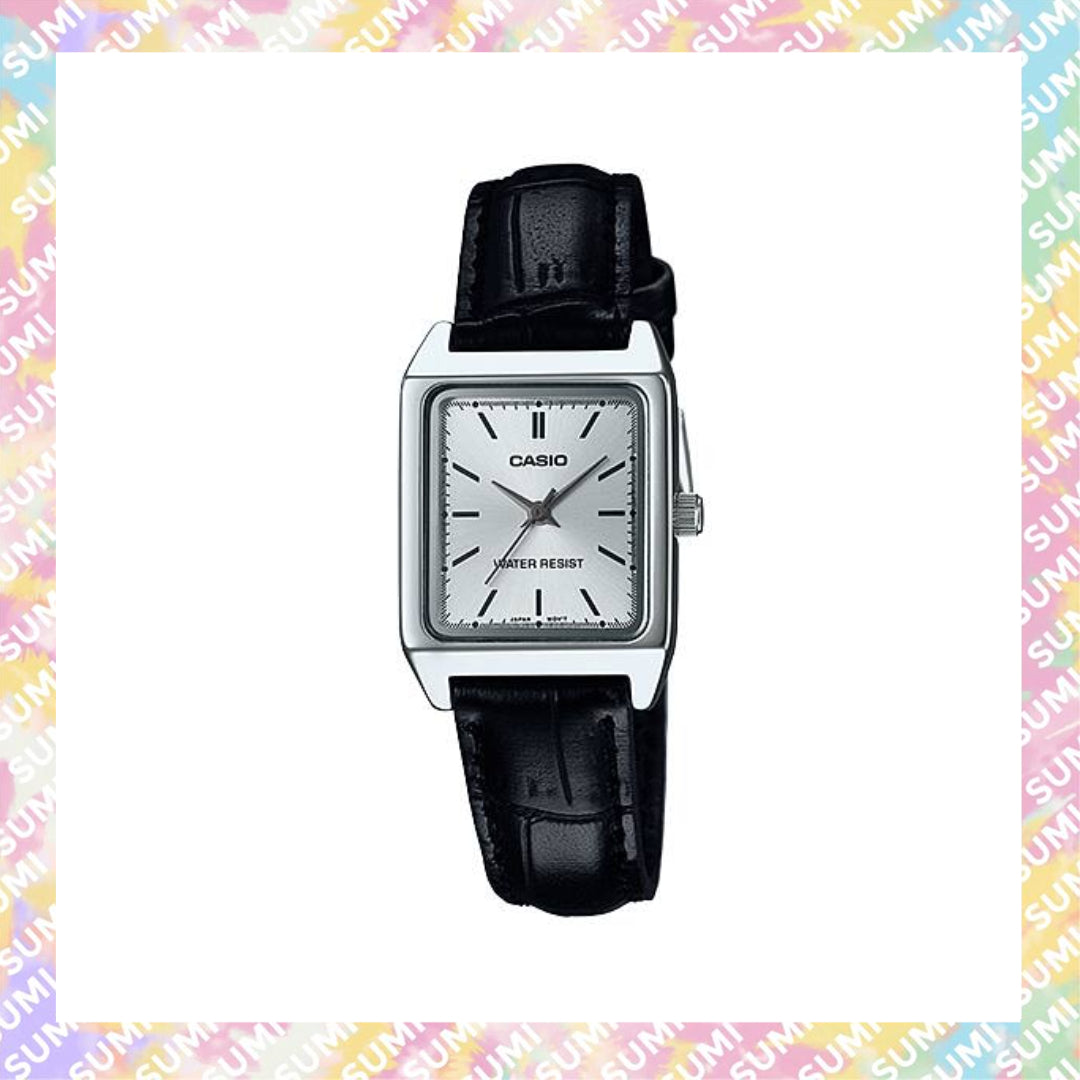Casio - LTP-V007L-7E1 22mm 黑銀女裝小方錶 皮帶錶復古錶