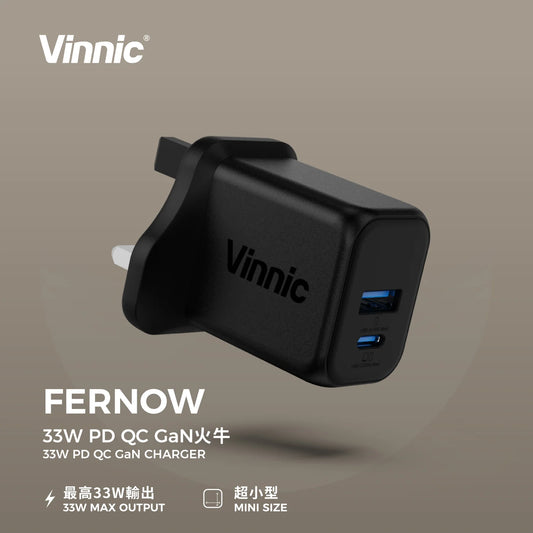 Vinnic 銀戰士電池 - FERNOW 33W PD QC 2 輸出 充電器充電插頭 火牛(VPCG-30WBK) - 原裝行貨