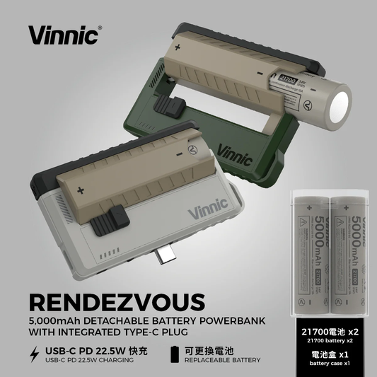 Vinnic 銀戰士電池 -【DC05G1】Rendezvous 5,000mAh Detachable Battery Powerbank with Interated Type-C Plug(Grey/Green)