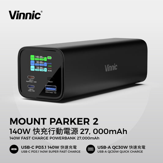 Vinnic 銀戰士電池 - 【HV140WG1-27BK】Mount Parker 2 140W PD3.1 27000mAh 行動電源 充電寶 - 為筆記型電腦和手機快速充電(可攜帶上飛機)